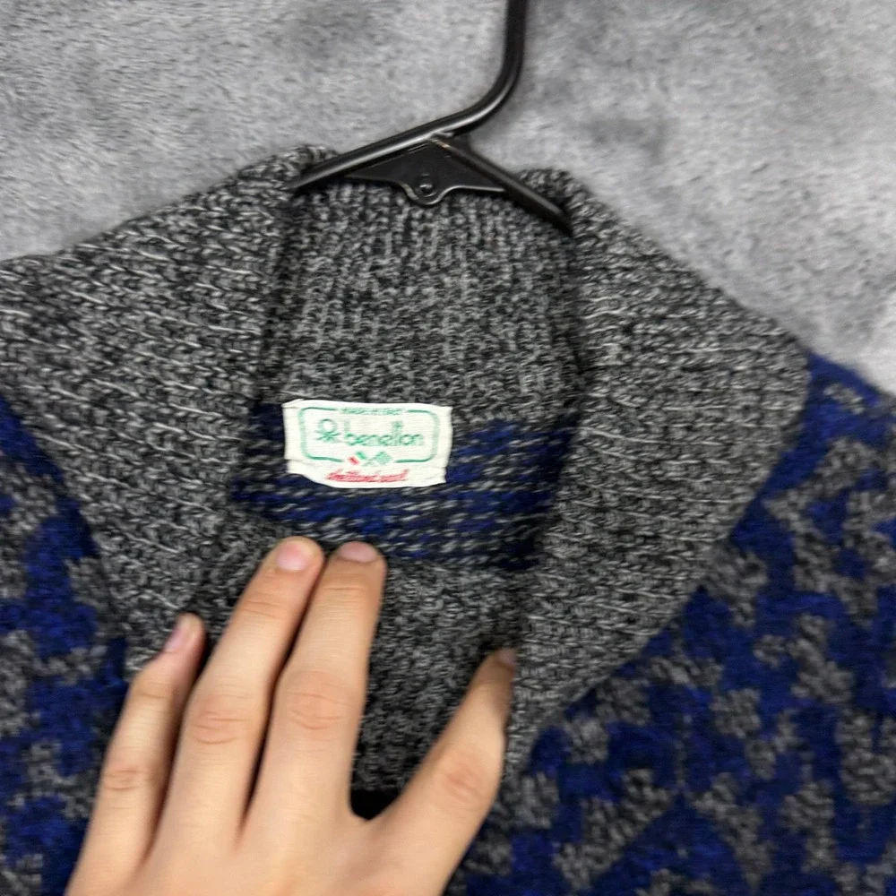 Benetton Sweater Mens 46 Blue Excellent Shetland Wool Geometric Mock Neck Italy